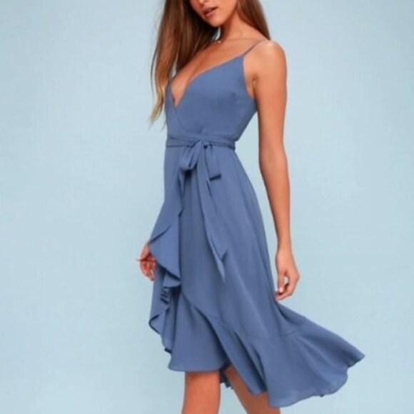 Dresses & Skirts - Lulus Manhattan Moment Blue Ruffled Midi Wrap Dress Size S